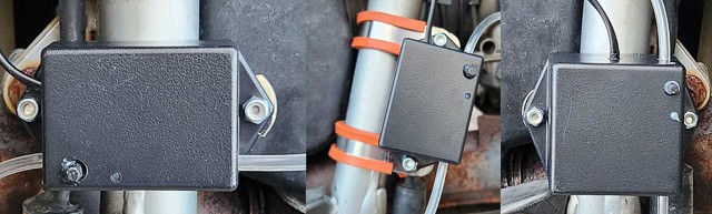 three photos of a plastic electronics box attached to the motorcycle frame
        with hose clamps